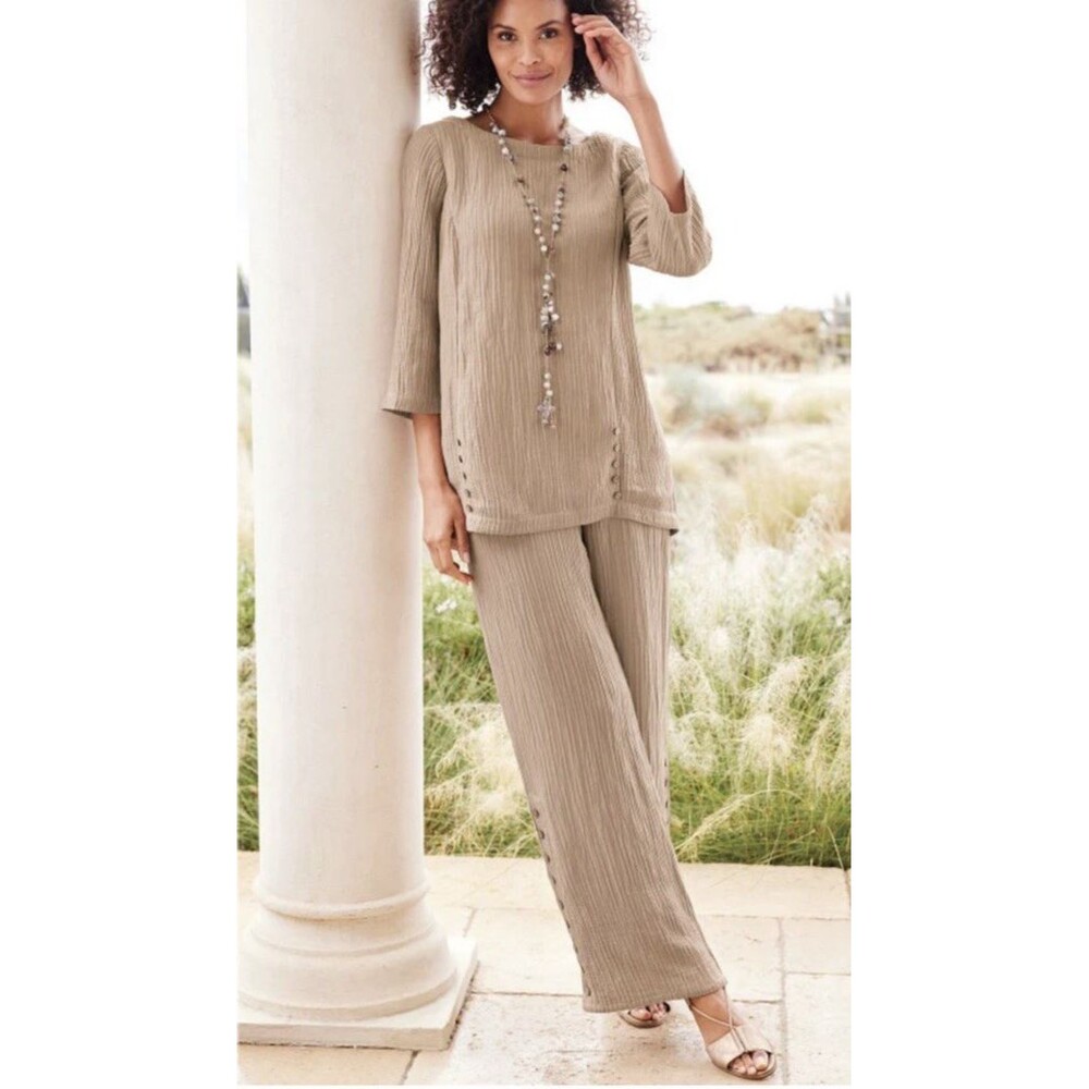 SOFT SURROUNDINGS Oceo Gauze Tunic Pants Set 3X Pebble Taupe Wide Leg Coastal